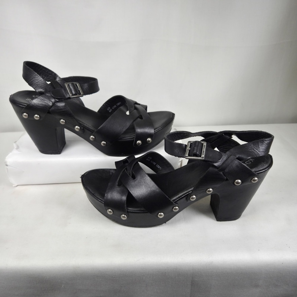 Kork-Ease Black Leather Platform Block Heel Ankle Strap Sandals Clog Size 8/39